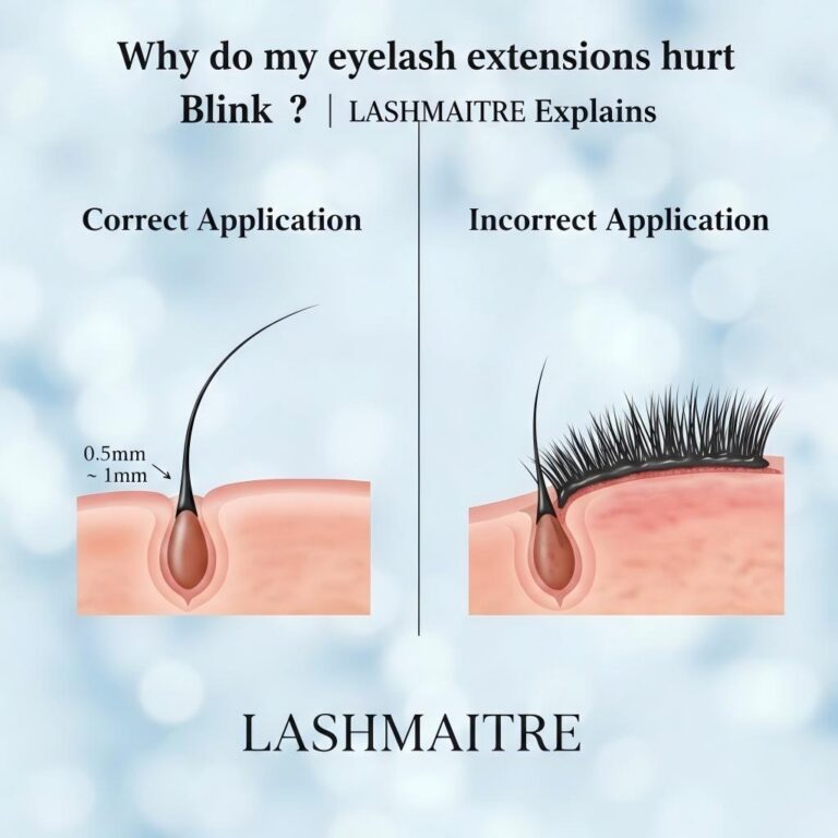 Diagram showing correct eyelash extension placement with 0.5mm gap vs incorrect application touching the skin by LASHMAITRE.