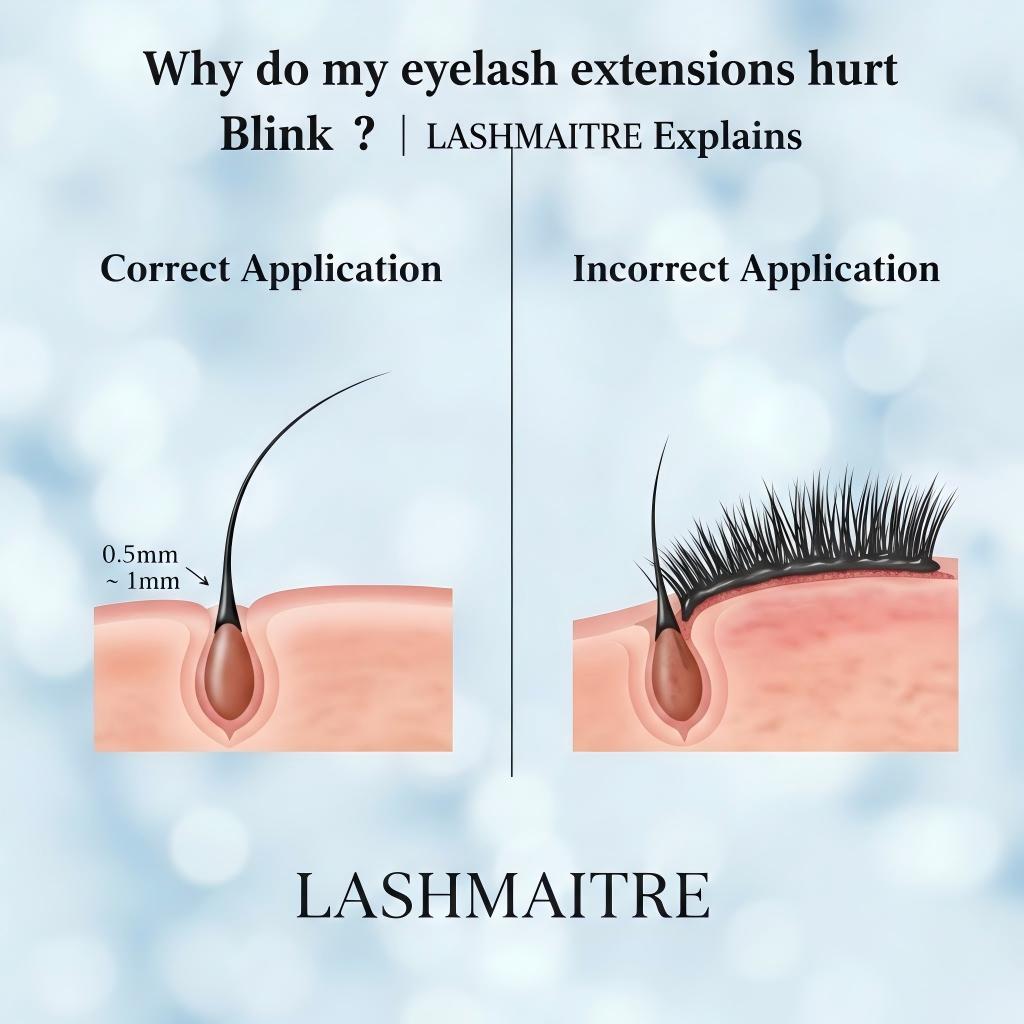 Diagram showing correct eyelash extension placement with 0.5mm gap vs incorrect application touching the skin by LASHMAITRE.