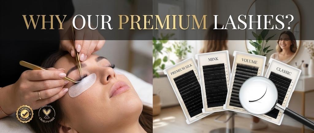 Close-up of premium PBT lash extensions trays showing consistent curl and neat alignment for wholesale lash extensions from Lashmaitre