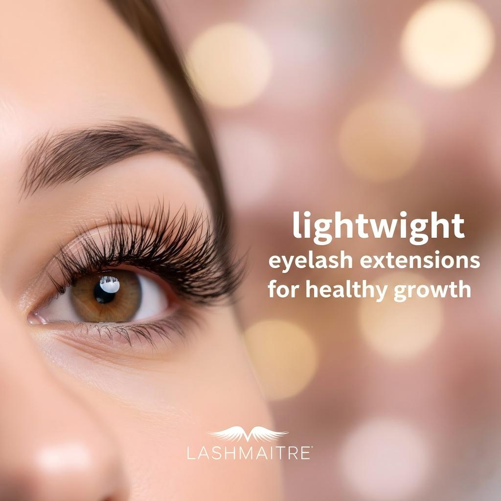 Lightweight eyelash extensions by LASHMAITRE designed for healthy natural lash growth and recovery.