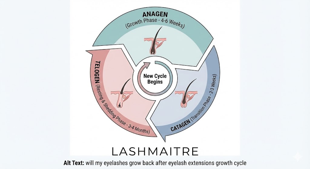 Scientific diagram of the three hair growth phases—Anagen, Catagen, and Telogen—answering the question: will my eyelashes grow back after eyelash extensions.