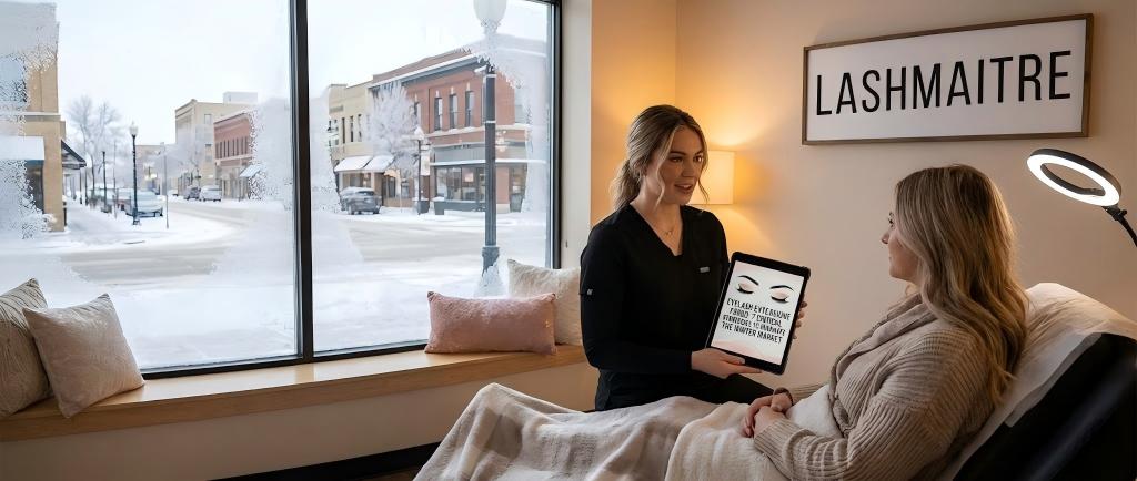 A winter-themed business graphic titled '7 Critical Strategies to Dominate the Winter Market', illustrating marketing and technical tips for maintaining eyelash extensions in Fargo ND during the cold season.