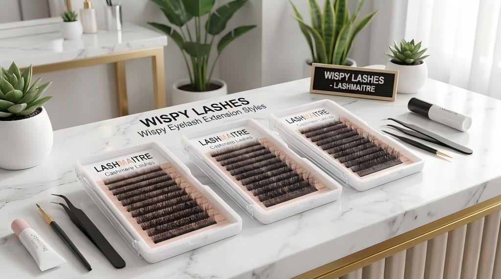LASHMAITRE Cashmere Lashes tray designed for creating textured wispy eyelash extension styles and hybrid looks, displaying 10mm matte black rows.