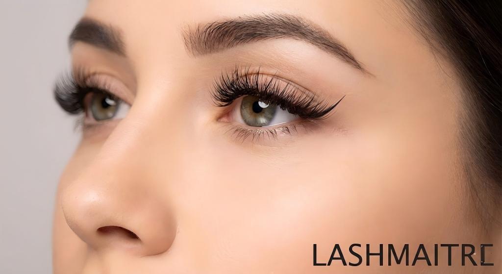 Side profile view of a model wearing LASHMAITRE wispy hybrid lash extensions, showing a highly textured, lifted outer corner and a dramatic "snatched" eye effect.