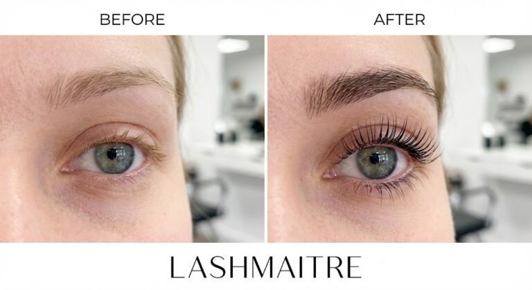 Before and after comparison showing straight natural lashes versus the lifted, darkened result often searched for as yumi eyelash extensions.