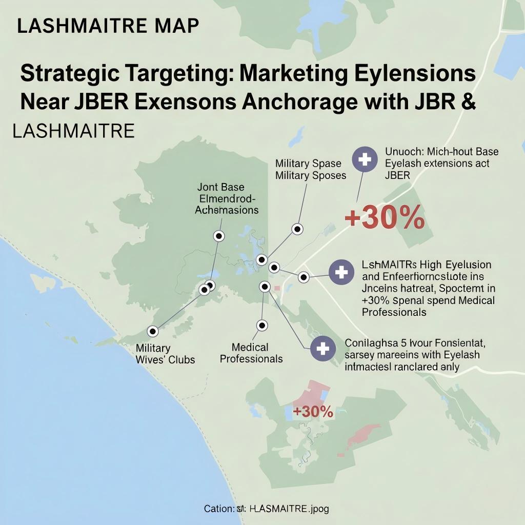 A strategic LASHMAITRE demographic map highlighting target demographics for marketing eyelash extensions Anchorage near JBER, focusing on military spouses, medical professionals, and high-engagement beauty consumers.