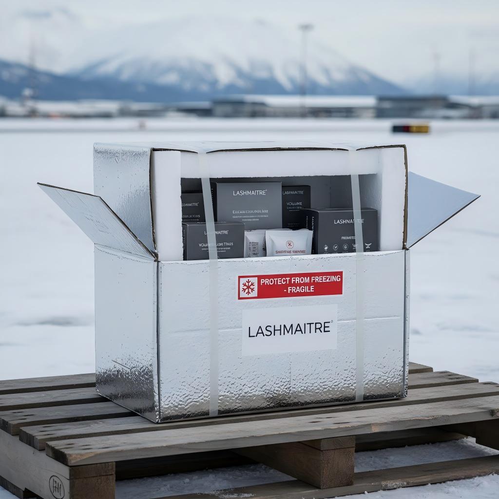 Specialized thermal packaging by LASHMAITRE protecting wholesale supplies for eyelash extensions Anchorage from freezing temperatures during transit across the Alaskan tundra.