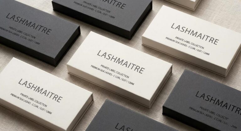 Sleek minimalist text-only private label eyelash extension packaging manufactured by LASHMAITRE, a premium B2B lash supplier.