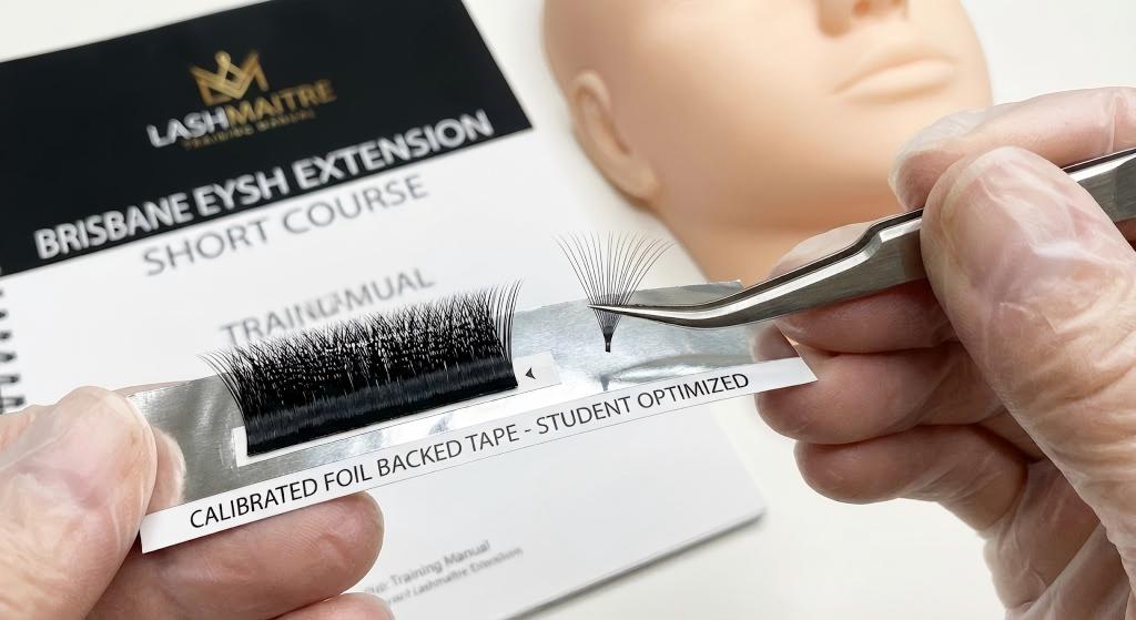 Calibrated foil backed tape strip optimizing student volume fanning in a brisbane eyelash extension short course