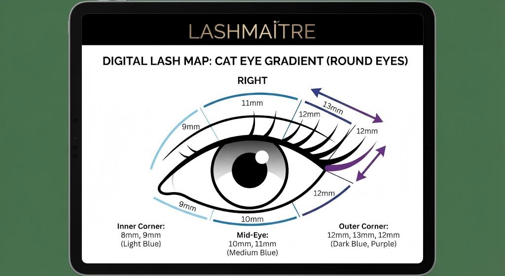 LASHMAITRE digital lash map illustrating a Cat Eye gradient for round eyes. The diagram details specific lengths from 8mm (Inner Corner) to 13mm (Outer Corner), designed to elongate the eye shape and reduce vertical height.
