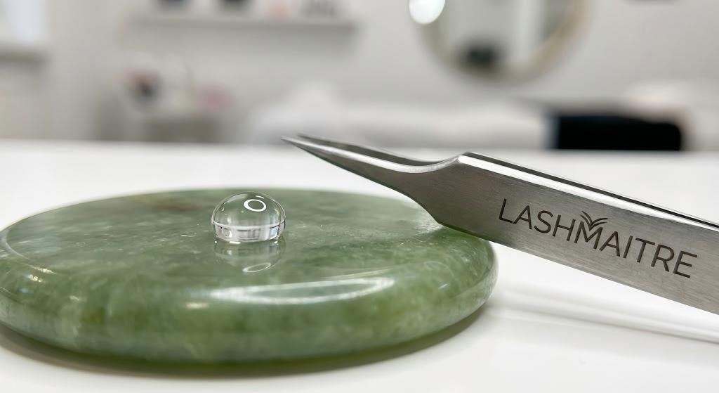 A macro close-up of a clear drop of LASHMAITRE sensitive eyelash extension glue on a jade stone, demonstrating the purity of the adhesive and the absence of carbon black to prevent allergic reactions and red eyes.