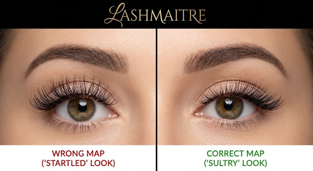 LASHMAITRE comparison demonstrating the visual impact of incorrect versus correct eyelash extensions styling on round eyes. The left shows a 'Wrong Map' resulting in a 'Startled' look, while the right shows a 'Correct Map' creating a 'Sultry', elongated look.