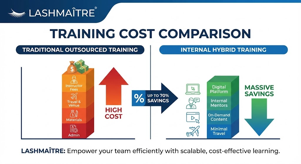 A comparative bar chart illustrating the massive cost savings between "Traditional Outsourced Training" (high cost) and "Internal Hybrid Training" (low cost), highlighting significant budget reductions.
