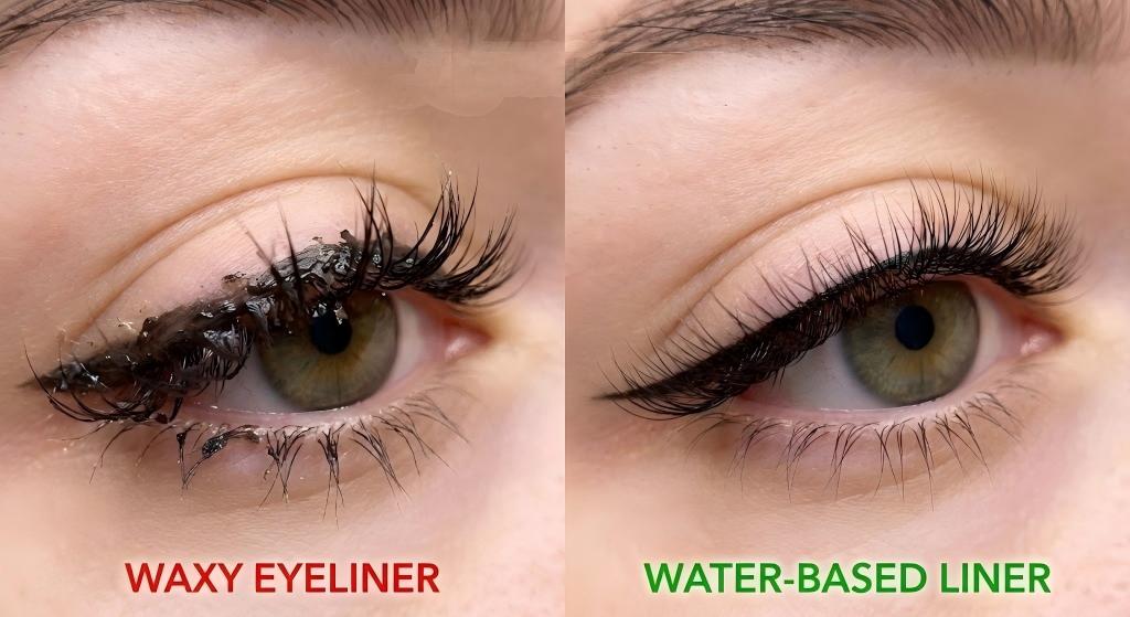 Close-up showing clumpy, damaged eyelash extensions and weakened natural lashes caused by using oil-based liquid eyeliner.