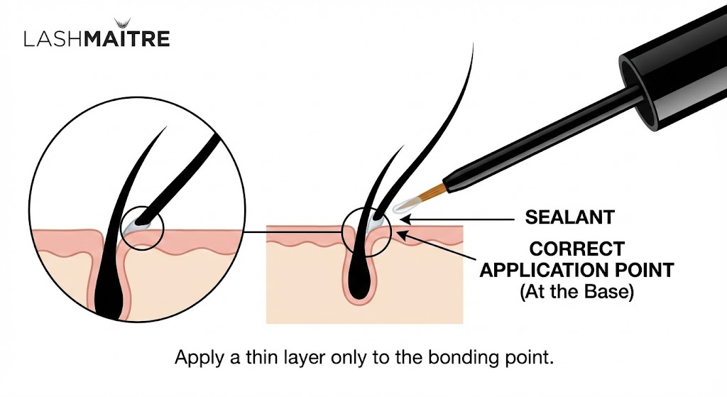 LASHMAITRE technical diagram illustrating the correct application point for eyelash sealant. A precision wand applies a thin layer of sealant specifically to the adhesive bonding point at the base of the lash extension, avoiding the lengths.