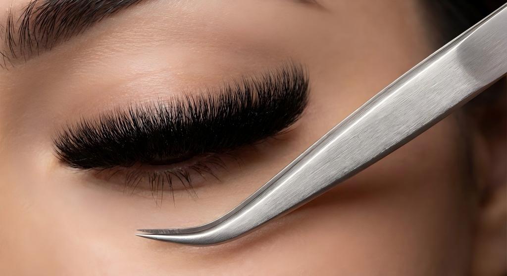 An incredibly dense Mega Volume eyelash extension 'after' photo with a luxurious deep black matte finish, created using professional LASHMAITRE lashes and tweezers. A highlight of our eyelash extension before after photos gallery.