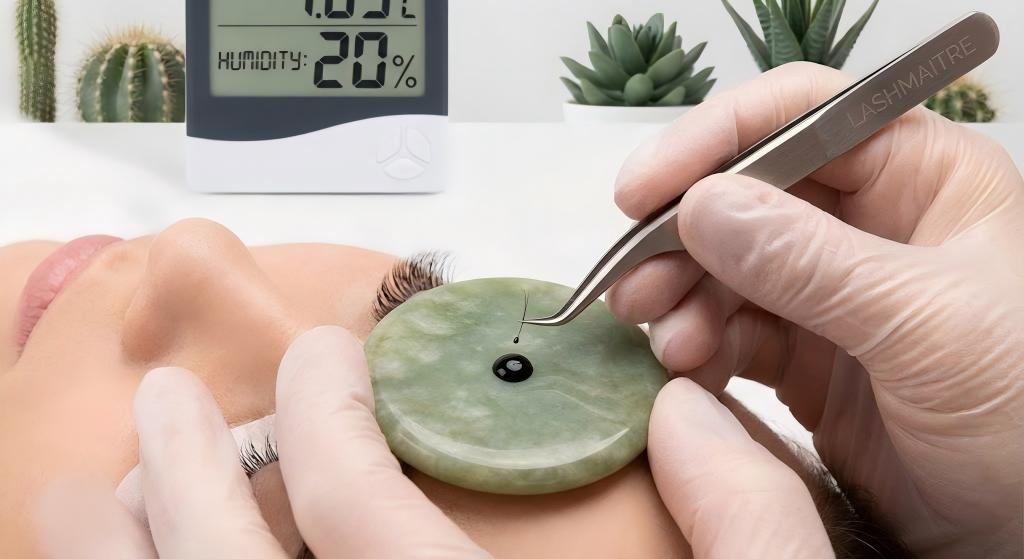Student practicing low humidity adhesive techniques at LASHMAITRE eyelash extension certification training AZ, demonstrating perfect curing in a 20% humidity environment.