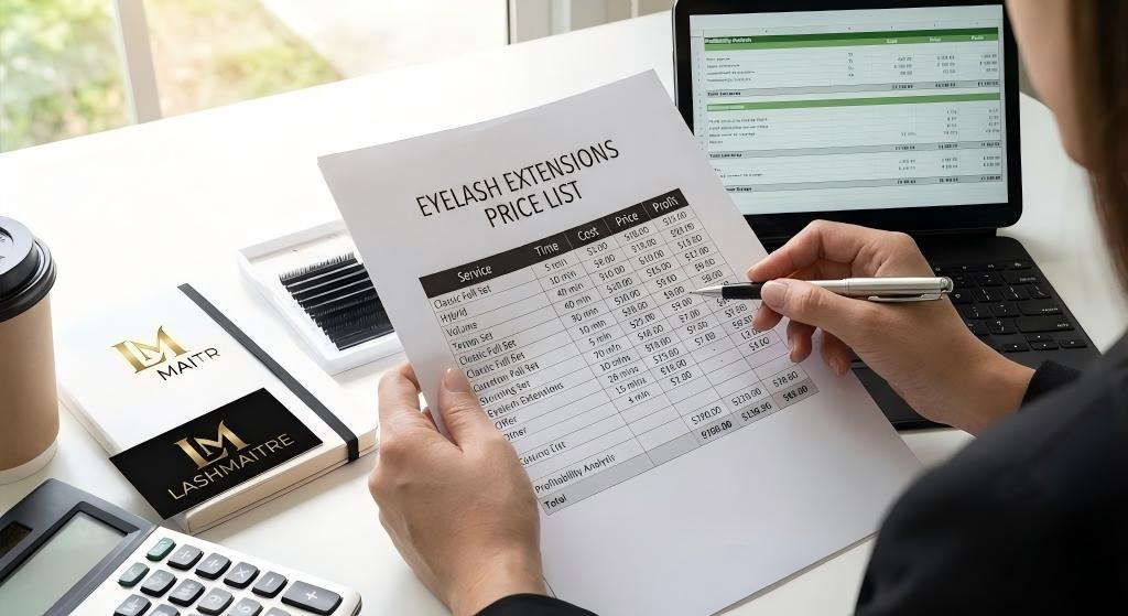 A salon owner analyzing the profitability of a detailed eyelash extensions price list at a desk with a calculator and laptop. The document shows columns for Service (Classic, Hybrid, Volume), Time, Cost, Price, and calculated Profit margins. LASHMAITRE branded notebooks are visible, indicating a professional business strategy session.