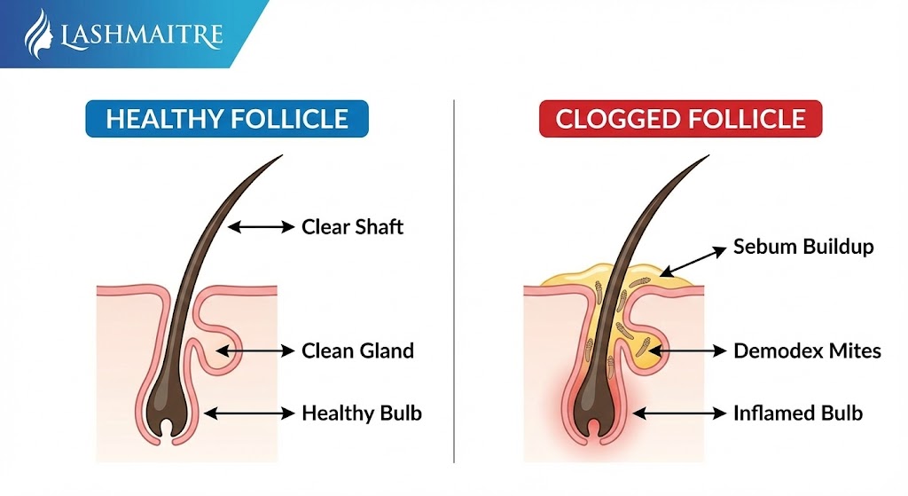 A medical diagram comparing a healthy eyelash follicle to a clogged one, illustrating why using a foaming cleanser for eyelash extensions prevents blepharitis by removing sebum buildup and Demodex mites that cause inflammation.
