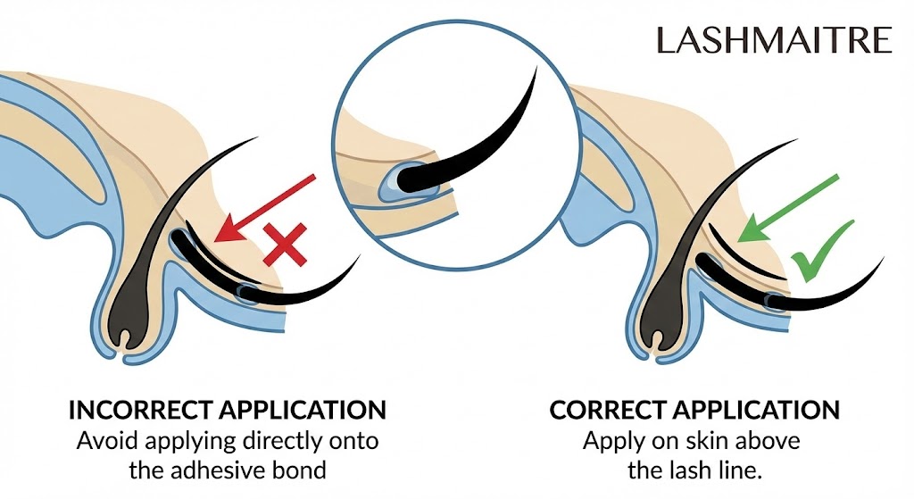 LASHMAITRE diagram illustrating the correct versus incorrect technique for applying eyeliner on eyelash extensions. The incorrect side shows eyeliner applied directly onto the adhesive bond, while the correct side shows it applied on the eyelid skin above the lash line.