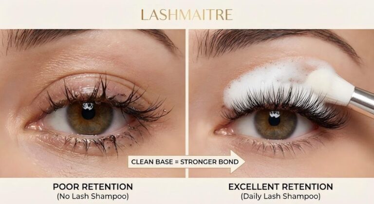 LASHMAITRE before and after comparison demonstrating the necessity of using an eyelash shampoo for extensions. The left shows poor retention and buildup from lack of cleaning, while the right shows excellent retention and a clean base achieved with daily foam cleansing.