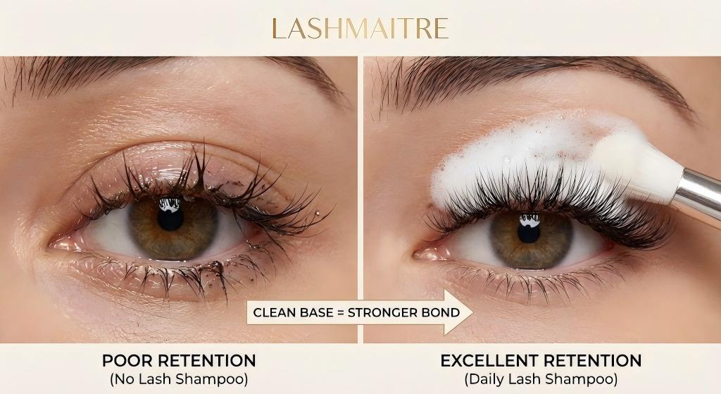 LASHMAITRE before and after comparison demonstrating the necessity of using an eyelash shampoo for extensions. The left shows poor retention and buildup from lack of cleaning, while the right shows excellent retention and a clean base achieved with daily foam cleansing.