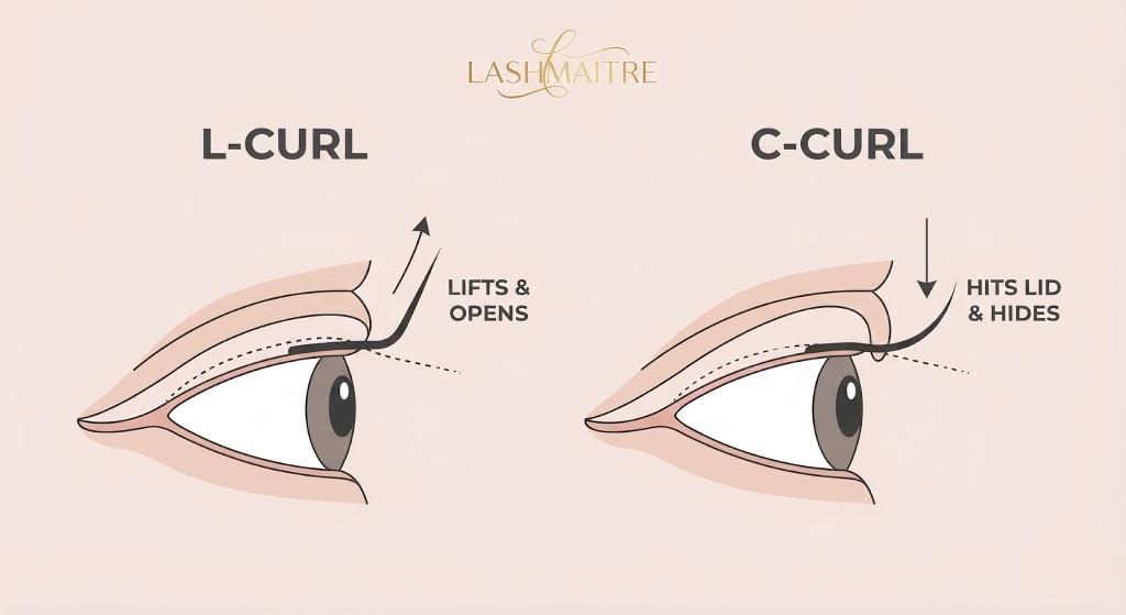 LASHMAITRE technical diagram for the Torrance market, illustrating the styling difference on hooded eyes. Shows how an L-Curl extension lifts and opens the eye, while a standard C-Curl hits the heavy lid and hides the lash.