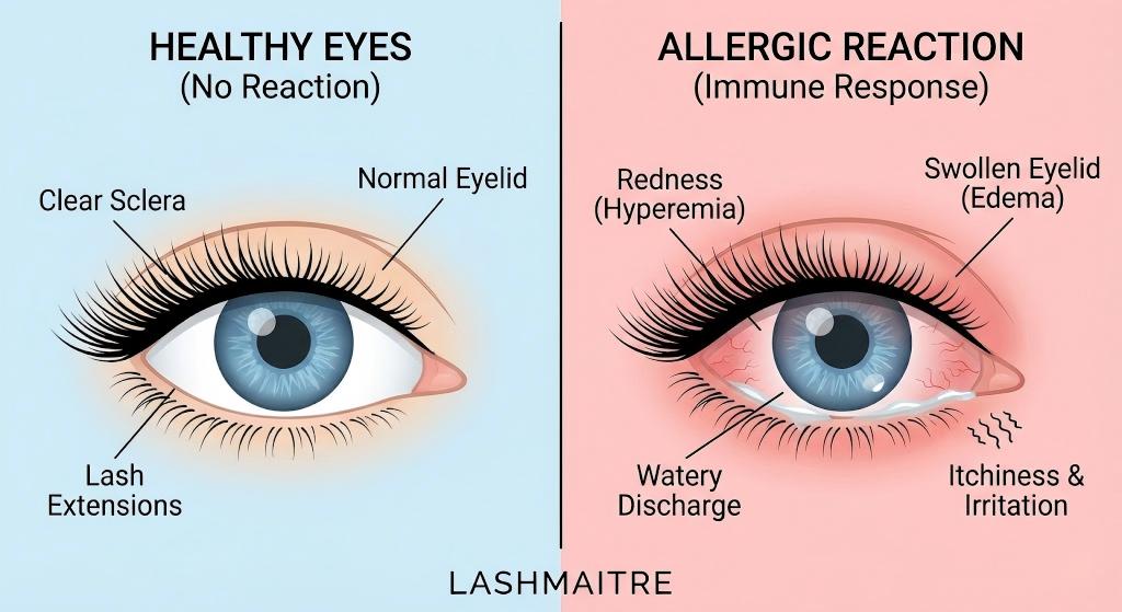 A LASHMAITRE medical diagram comparing a healthy eye with one showing an allergic reaction (redness, swelling). This visual aid is essential for inclusion in professional lash client consent forms to clearly explain potential risks to clients.