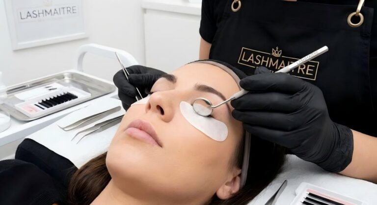 A gloved lash artist at LASHMAITRE uses a dental mirror to inspect the seal underneath a client's eye pads during an eyelash extension procedure, ensuring the eyes are fully closed to prevent adhesive fumes from causing chemical burns or bloodshot eyes.