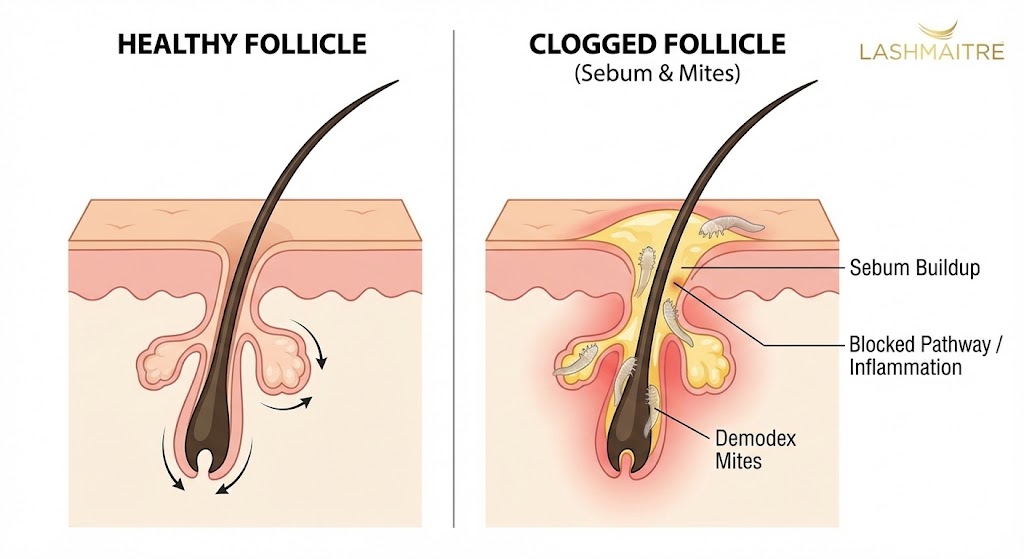 LASHMAITRE medical diagram illustrating why using an eyelash shampoo for extensions prevents blepharitis. Contrasts a healthy follicle with a clogged follicle demonstrating sebum buildup, Demodex mite infestation, and blocked pathways causing inflammation.