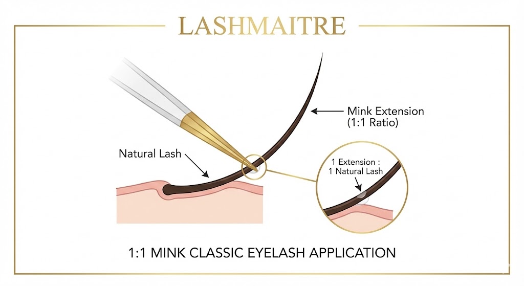 A LASHMAITRE technical diagram illustrating the precise 1:1 application technique for mink classic eyelash extensions, showing one extension bonded to a single natural lash with tweezers.