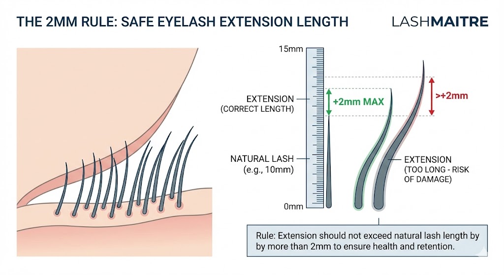 A LASHMAITRE technical diagram illustrating "The 2mm Rule" for safe eyelash extension length, showing correct mapping (+2mm max) versus extensions that are too long and risk damage to natural lashes.