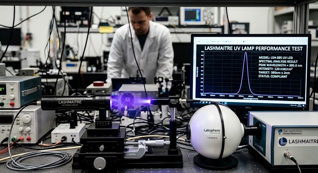 Optical calibration testing of 395nm wavelength devices ensuring safe application of uv eyelash extensions