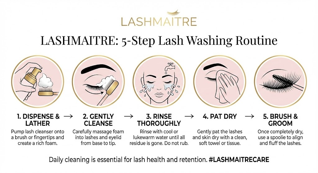 LASHMAITRE infographic illustrating a professional 5-step lash washing routine, demonstrating the proper use of a foaming lash extension cleanser available for wholesale.