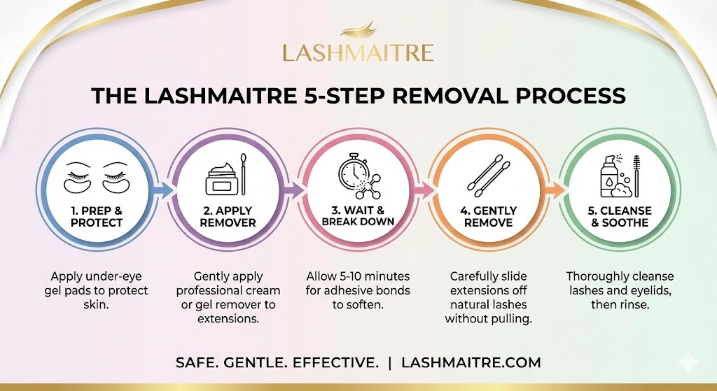 LASHMAITRE before-and-after comparison demonstrating the importance of using a professional eyelash extensions remover. Left side shows healthy natural lashes intact after safe chemical removal. Right side shows sparse, damaged, and broken natural lashes resulting from mechanical pulling or DIY removal.