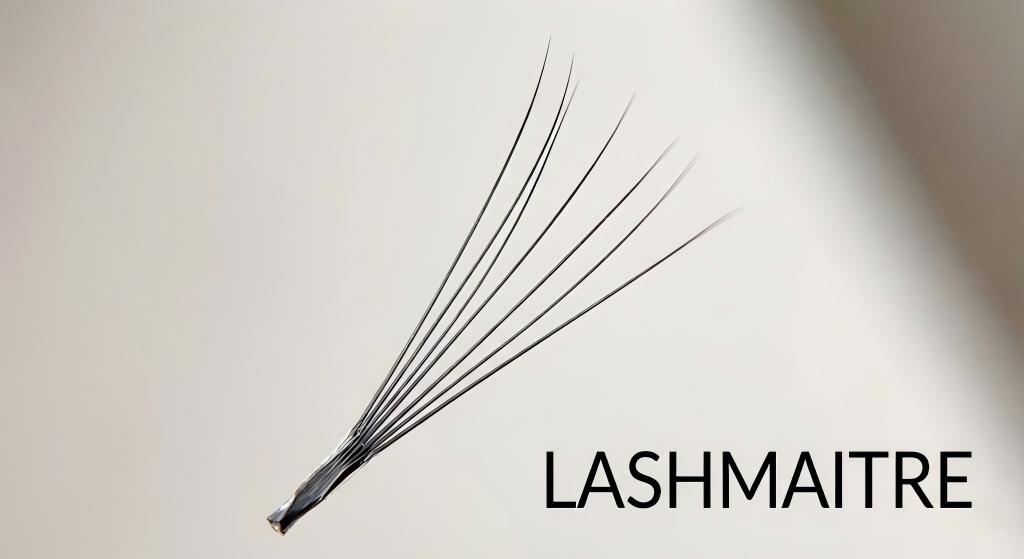 A macro photograph depicting a flawless LASHMAITRE 5D volume eyelash extension fan, highlighting its symmetrical spacing and ultra-thin, heat-bonded base designed for professional application.