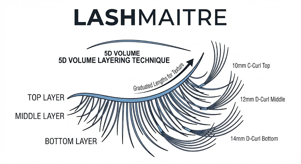 "LASHMAITRE technical diagram acting as a mapping guide for eyelash extensions 5d using a layering technique. The illustration shows how to create graduated textures by applying 10mm C-Curl fans to the Top Layer, 12mm D-Curl fans to the Middle Layer, and 14mm D-Curl fans to the Bottom Layer of natural lashes."