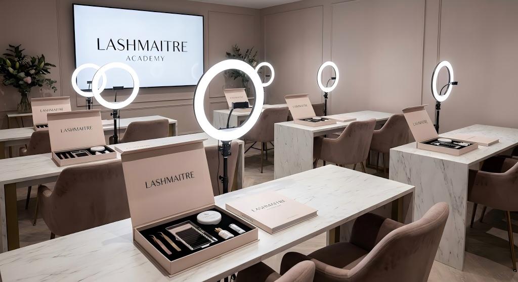 A wide-angle view of the high-end LASHMAITRE ACADEMY classroom, fully set up with professional ring lights, marble desks, and premium brand student kits, ready for an eyelash extension class.