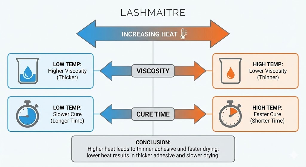 "LASHMAITRE infographic diagram illustrating how increasing heat leads to lower viscosity and faster cure times for lash adhesive, addressing specific climate challenges for eyelash extensions garland tx salons."