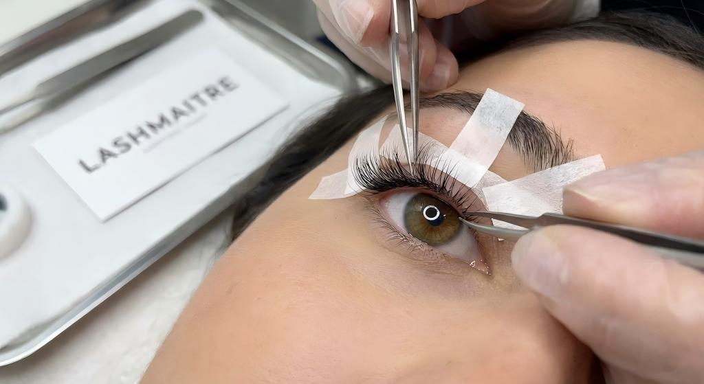 "Close-up view of a LASHMAITRE stylist performing a specialized taping technique for correcting round eye shape with lash extensions, using tape to isolate outer corner lashes for precise application."