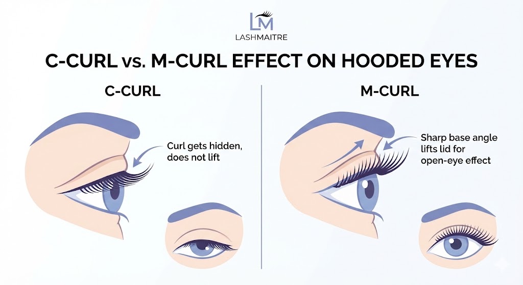 LASHMAITRE diagram illustrating the advantages of eyelash extensions for hooded eyes, comparing the effect of a standard C-Curl, which gets hidden by the heavy lid, versus a specialized M-Curl, which uses a sharp base angle to lift the eyelid and create an open-eye effect.