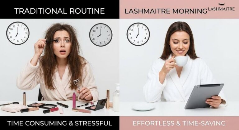 A split-screen comparison visualization titled "LASHMAITRE Morning" on the right, showing a woman with perfect eyelash extensions calmly enjoying coffee and a tablet, contrasting with the "Traditional Routine" on the left where a stressed woman with messy hair hurriedly applies mascara amongst scattered makeup. The image highlights the time-saving advantages of eyelash extensions.