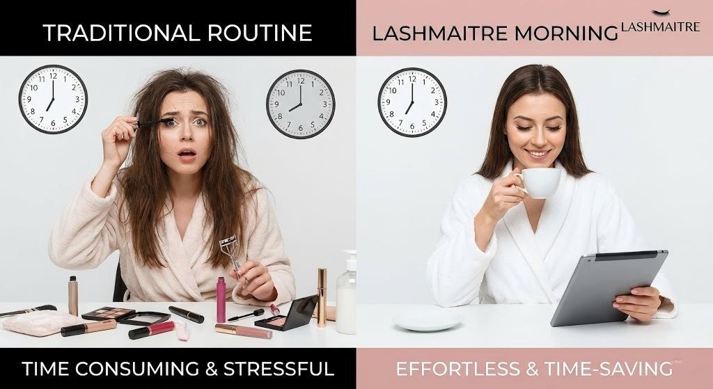 A split-screen comparison visualization titled "LASHMAITRE Morning" on the right, showing a woman with perfect eyelash extensions calmly enjoying coffee and a tablet, contrasting with the "Traditional Routine" on the left where a stressed woman with messy hair hurriedly applies mascara amongst scattered makeup. The image highlights the time-saving advantages of eyelash extensions.