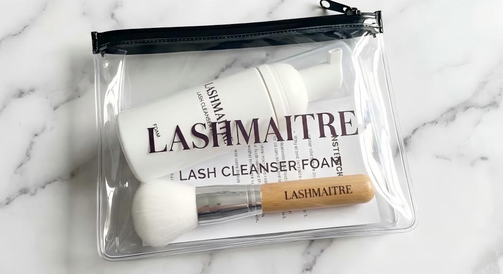 "A branded LASHMAITRE aftercare retail kit displayed in a clear zippered pouch, containing lash cleanser foam, a soft cleansing brush, and instruction card—the essential tools for preventing eyelash extensions and styes through daily hygiene."