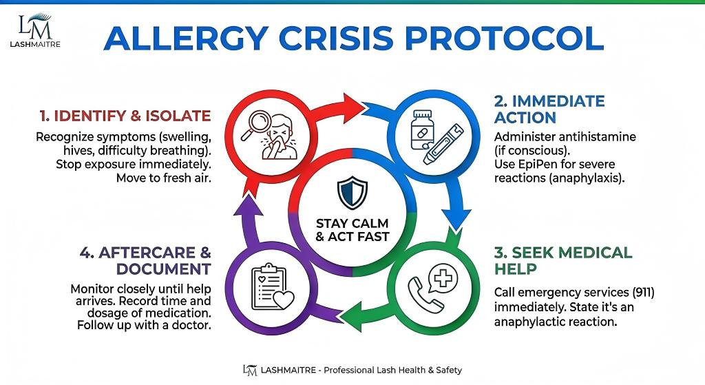 LASHMAITRE infographic detailing a four-step "Allergy Crisis Protocol" for clients allergic to eyelash extension glue. The circular flow chart illustrates the steps: 1. Identify & Isolate symptoms, 2. Take Immediate Action with medication, 3. Seek Medical Help by calling 911, and 4. Provide Aftercare & Document the incident, with a central reminder to "Stay Calm & Act Fast."