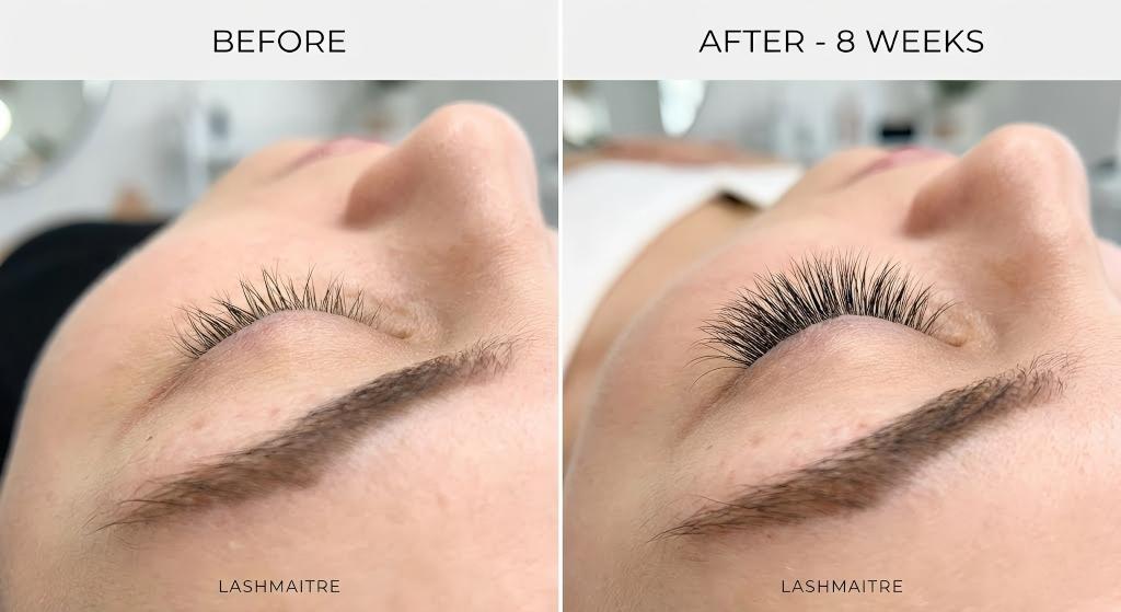 A before-and-after comparison photograph showing significant restoration of sparse natural lashes into healthy, dense lashes over an 8-week period, demonstrating the effectiveness of professional-grade lash rehabilitation serums available for wholesale from LASHMAITRE.