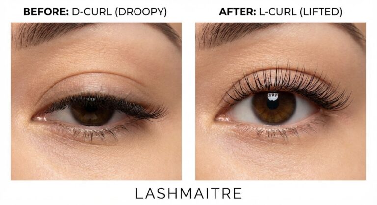 A before-and-after comparison by LASHMAITRE showing the correction of droopy eyelash extensions on hooded eyes. The left shows a D-curl getting lost under the lid, while the right shows an L-curl providing a lifted, visible result.