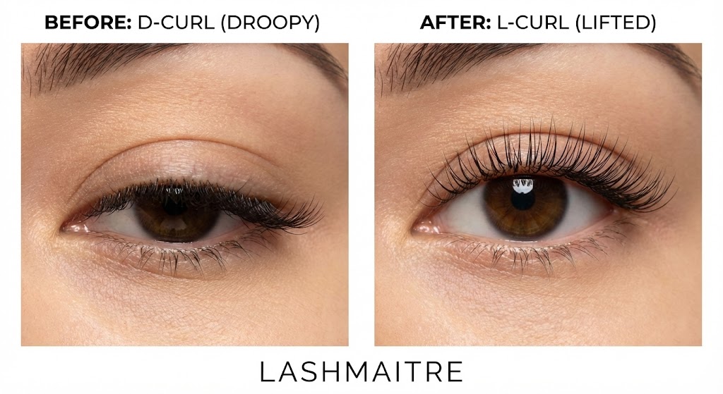 A before-and-after comparison by LASHMAITRE showing the correction of droopy eyelash extensions on hooded eyes. The left shows a D-curl getting lost under the lid, while the right shows an L-curl providing a lifted, visible result.