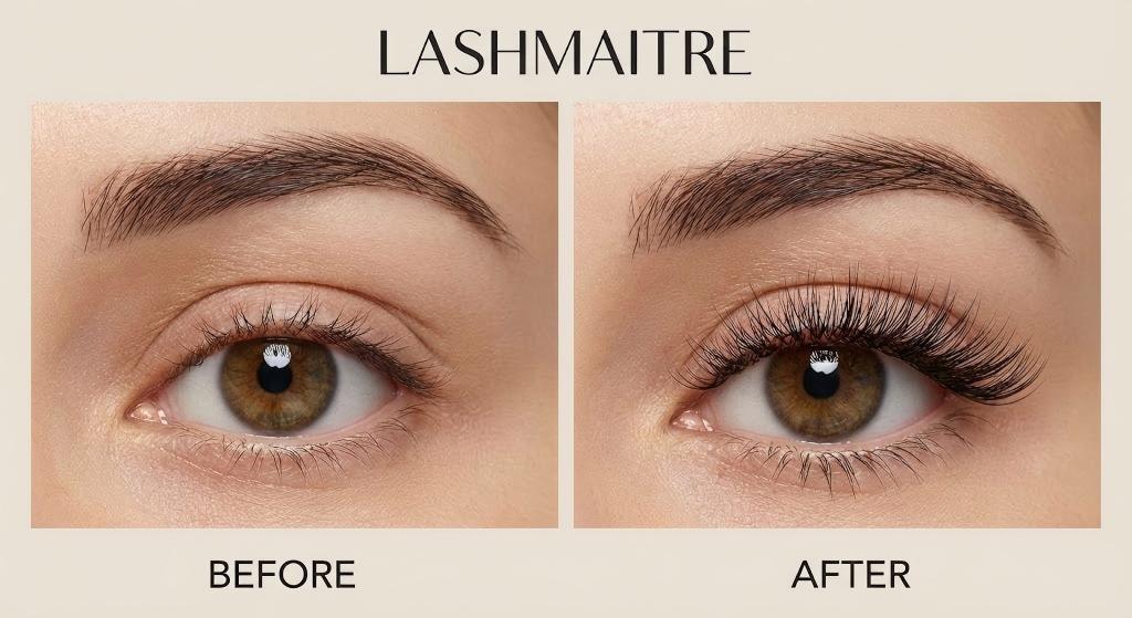 A side-by-side comparison photo by LASHMAITRE showing a natural eye on the left labeled "BEFORE," and the same eye on the right labeled "AFTER," featuring glamorous cat eye eyelashes extensions that elongate and lift the outer corner of the eye.
