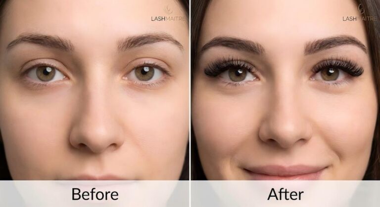 A before and after comparison photograph of a woman's eyes, showing the dramatic transformation from her natural lashes on the left to a fuller, textured look on the right after a LASHMAITRE application of y eyelash extensions.
